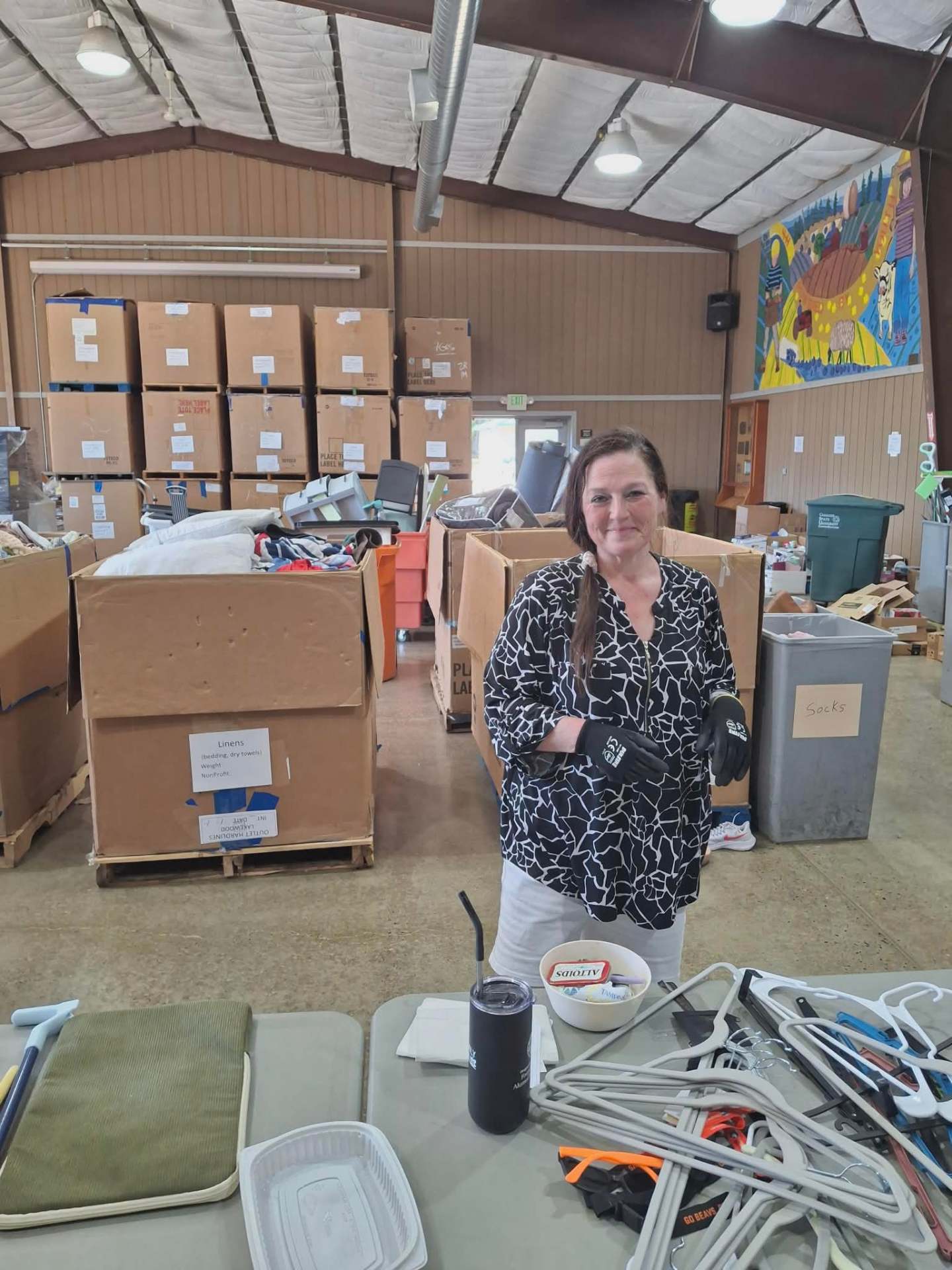 Stacey Harrington sorting donated goods